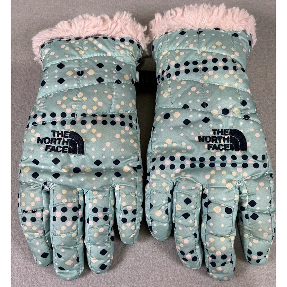 The North‎ Face Kids Gloves Winter Insulated Blue Polka Dot Faux Fur Cuff